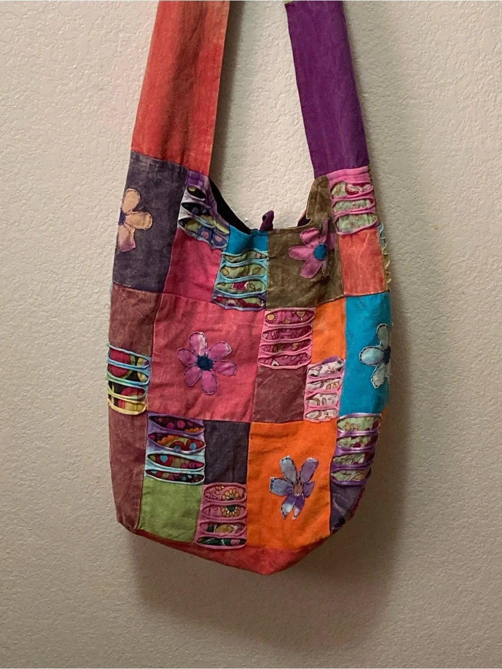 Boho Hippie Flower Colorblock Patchwork Sling Bag - Multicolor